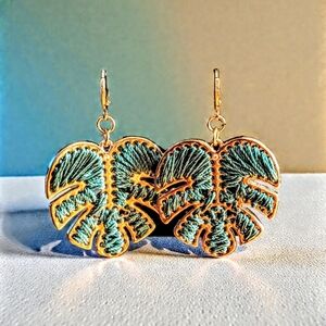 Hand Crafted Golden Metallic & Green Thread Leaf Earrings